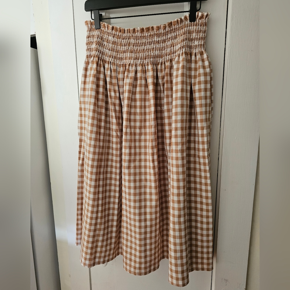 Brown Gingham Midi Skirt | Size large